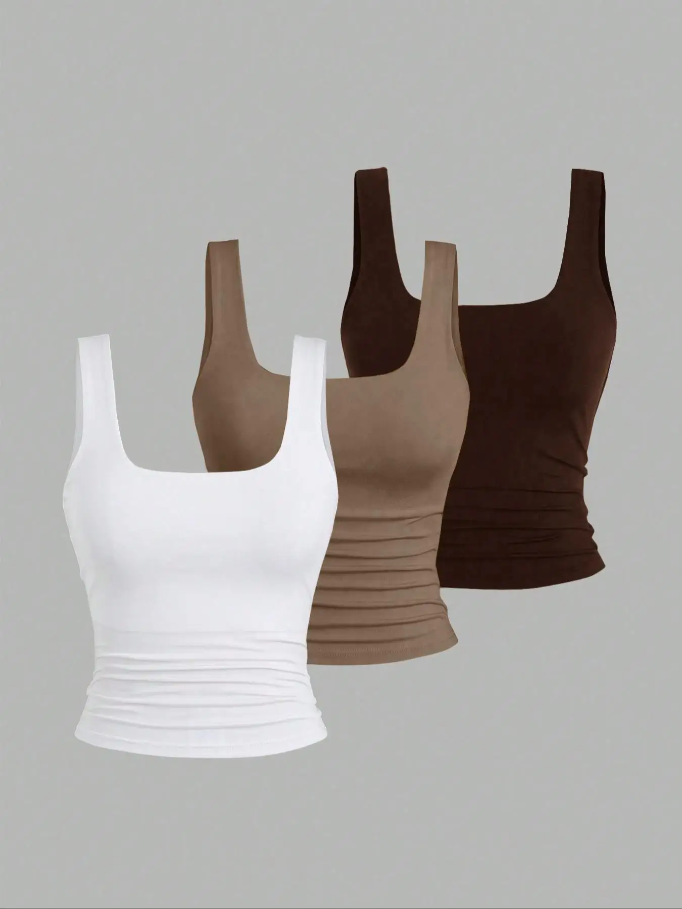 3 Pack Women Square Neck Ruched Crop Tank Tops, Leopard Print & Solid Wide Strap Slim Fit Cami Vests Y2K Sleeveless Shirts