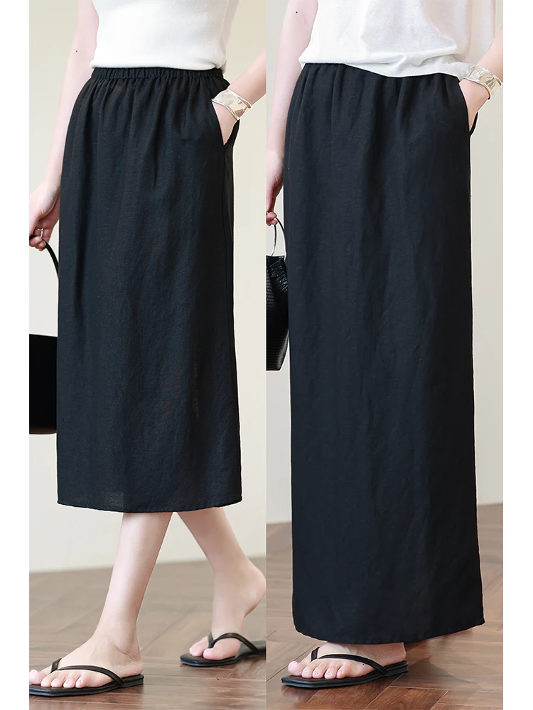 

High Waist Straight Leg Linen Skirt Elastic Waist Bla Slim Fit Split Casual Long Skirt Fermentation Wa Autumn New Arrival