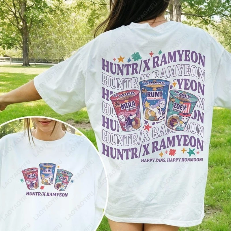 

Huntrix Ramyeon KPop Hunter Woman Cotton T-Shirts Trendy Demon Hunter Tee-shirt Huntrix Noodle Mira Rumi Joey Happy Honmoon Tops