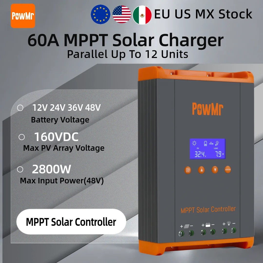 

MPPT Solar Charge Controller 60A 12V 24V 36V 48V Auto Max Solar Panel PV 160V Parallel In 12 Unit Solar Regulator EU US MX Stock