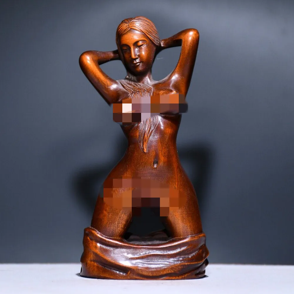 Chinese Boxwood Wood Carving Sexy Woman Figure Statue Wooden Sculpture Decor Art