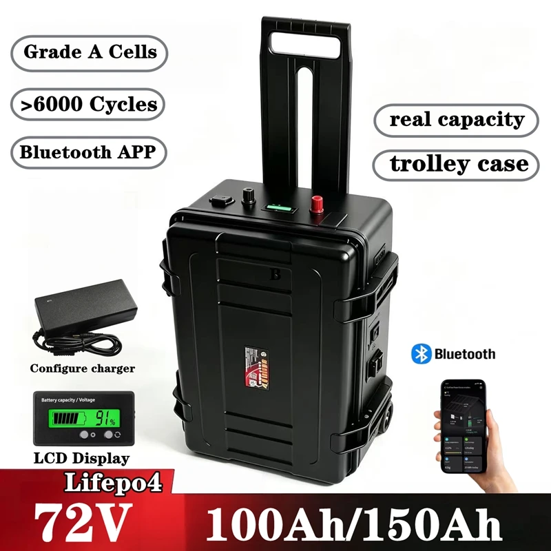 Waterproof 72V 150Ah 100Ah LiFepo4 lithium battery pack with BMS for fishing boats solar system motor EV RV+charger