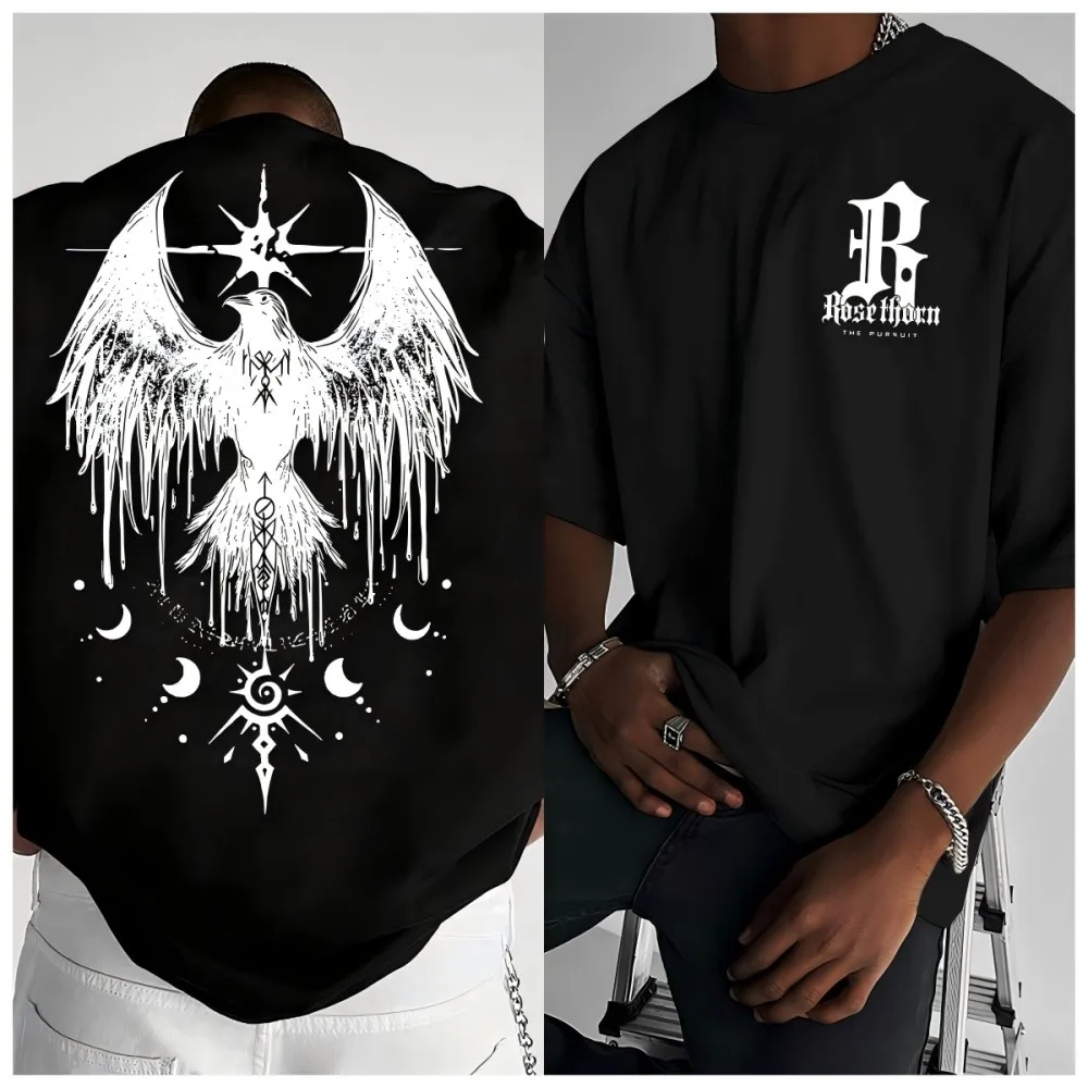 

2025 hot selling men's summer crow totem print micro elastic breathable round neck T-shirt outdoor urban high street top