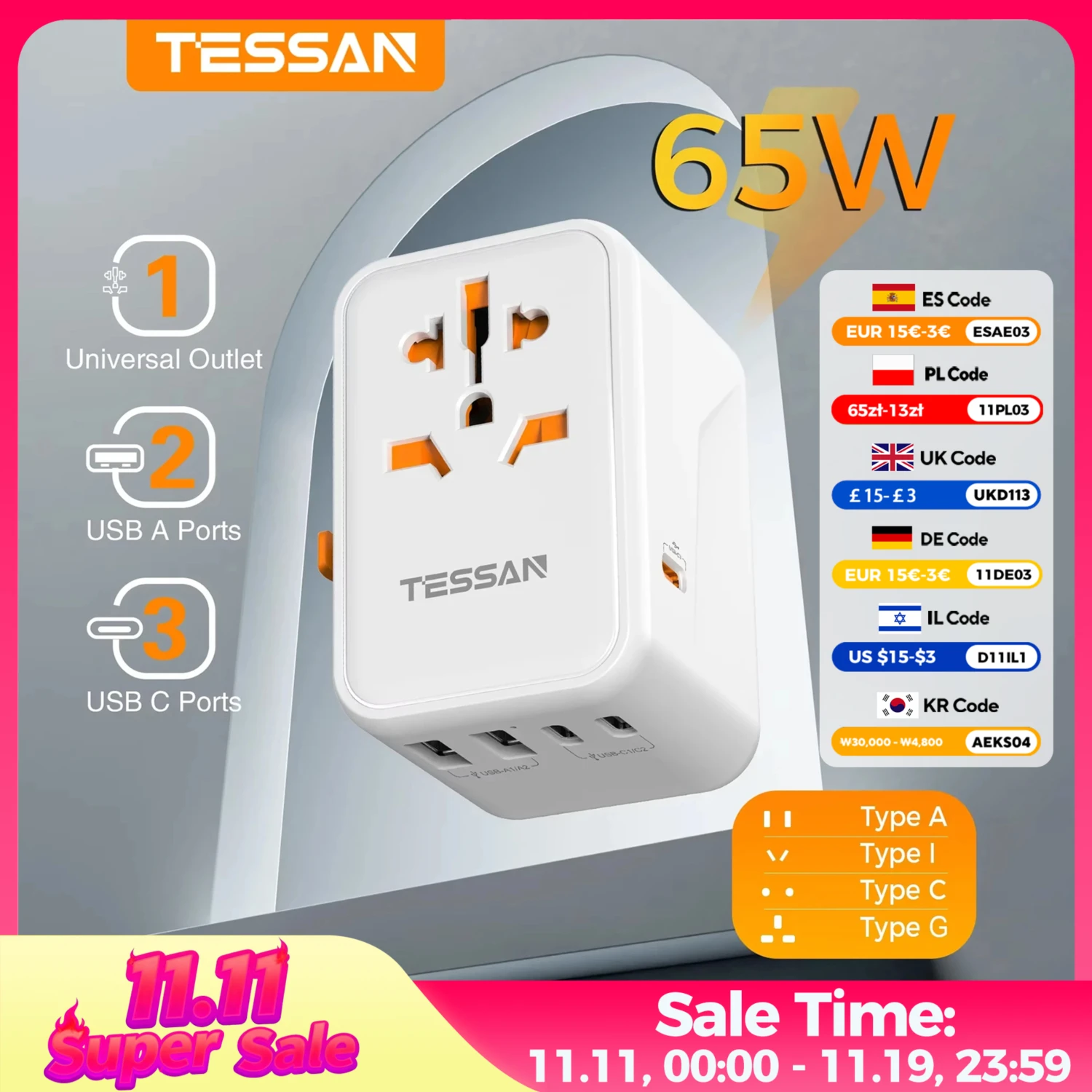 

TESSAN 65 Вт GaN дорожный адаптер, универсальная розетка с 2 USB 3 типа C, быстрая зарядка, фиксиальный адаптер питания, вилка стандарта ЕС/Великобритании/США/Австралии