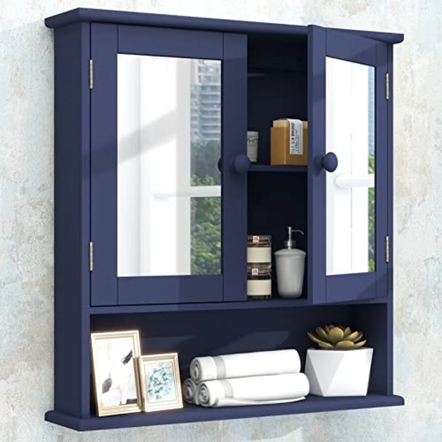 

Medicine Cabinet 2 Doors and 3 Open Shelves - Wall Mounted Wooden Storage Cabinet for Bathroom Laundry or Kitchen