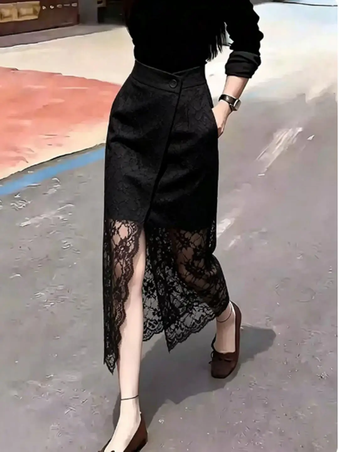 Black High Waist Lace Split Half Skirt Women's Fashion Elegant Summer 2026 New Style A-Line Skirt Breathable Comfortable