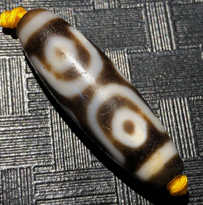 Energy Tibetan Old Agate 6Eye Cinnabar Totem dZi Bead Amulet 12*39mmC1980