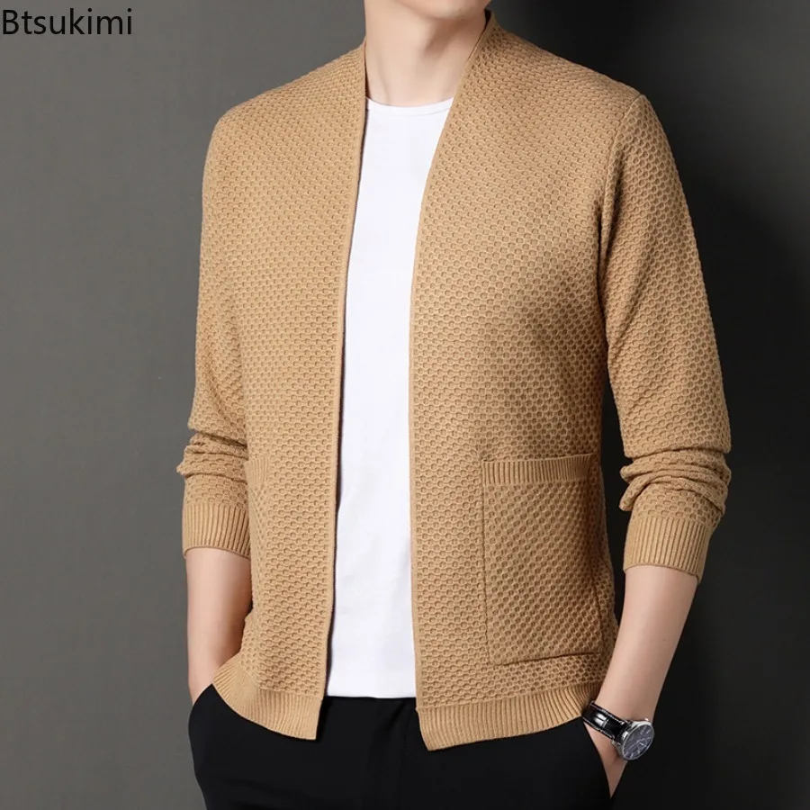 

2025 Spring Autumn Men Solid Fish Scale Cardigan Knitted Sweater Coat Middle Aged Men's Fashion Loose Casual Thin Knitted Tops