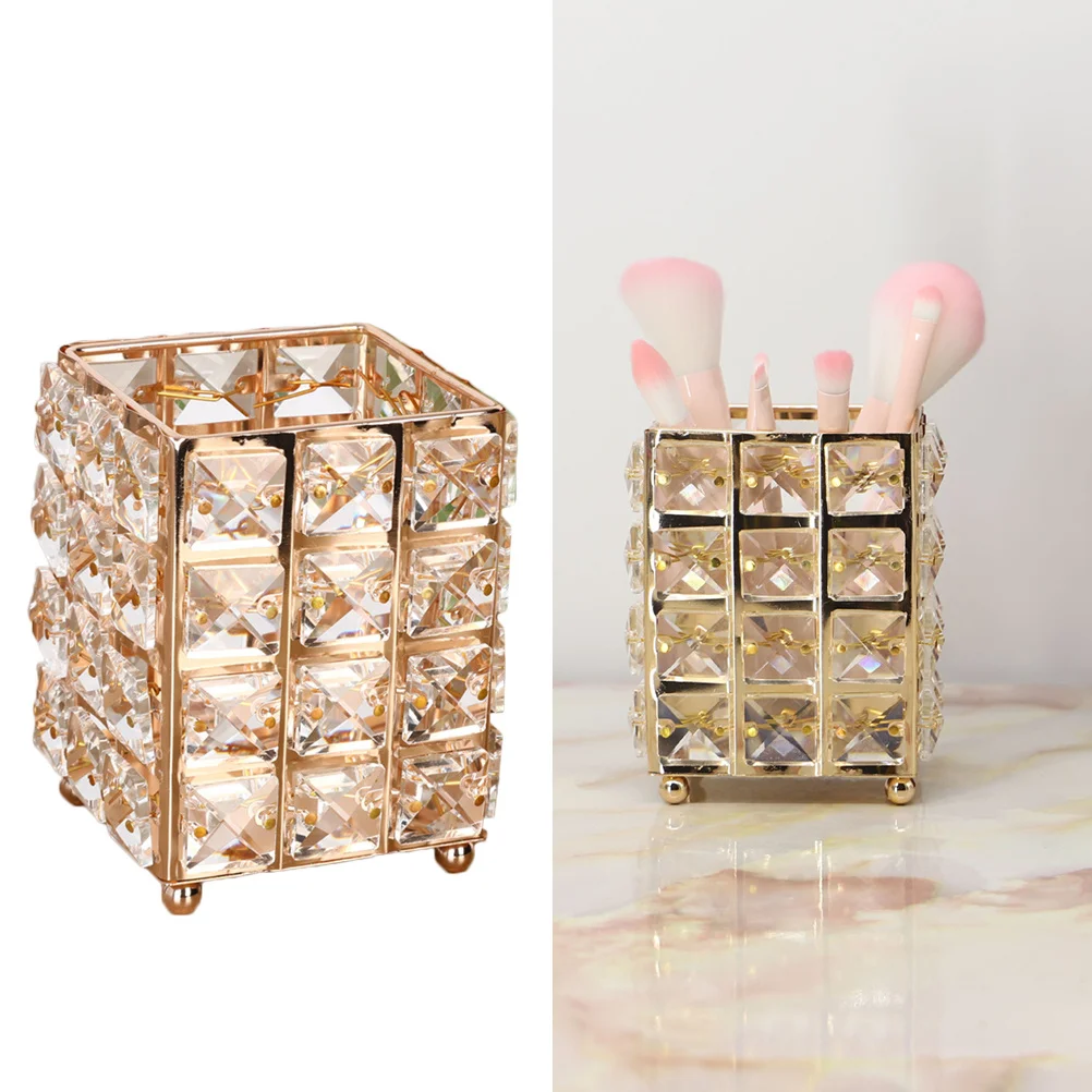 

Golden Crystal Makeup Brush Pot Pen Pencil Holder Desk Organizer Scratch Resistant Modern Design Vanity