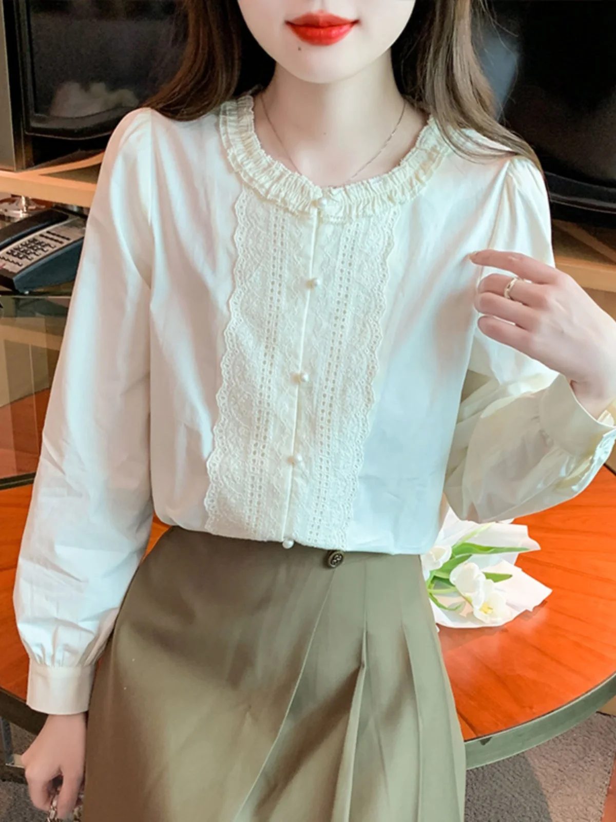 

Women's Pure Cotton round Ne irt Lace Trim Base Layer Top Faion Slimming Commute Friendly Fall Winter New Sle