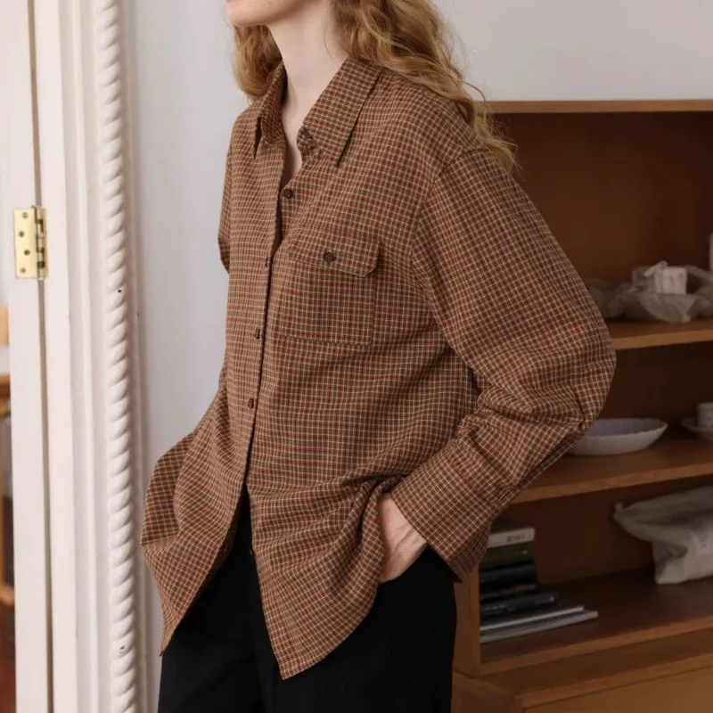 Deeptown Vintage Long Sleeve Plaid Shirts Youthful Woman Korean Style Female Blouses Elegant Office Ladies Old Money Summer