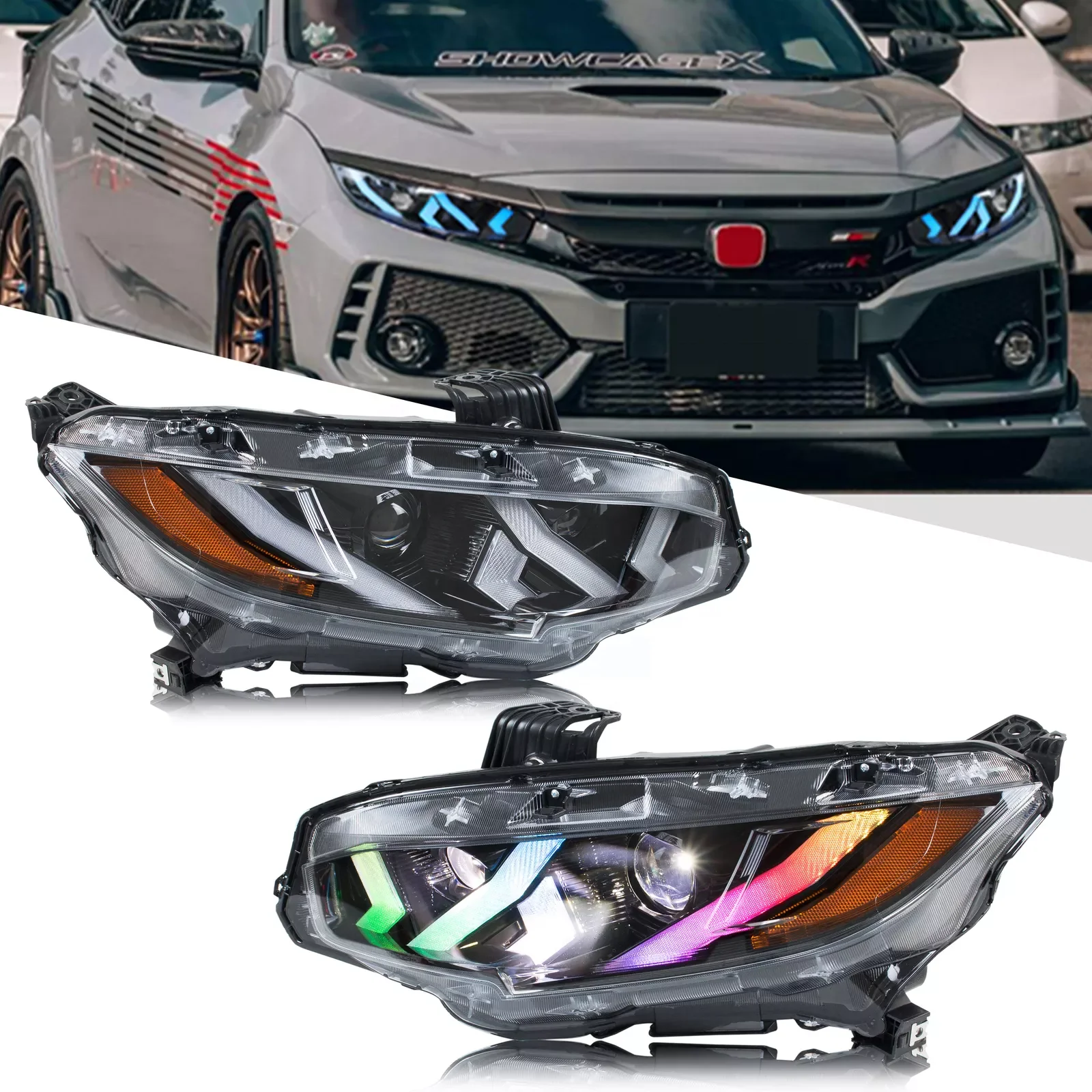 

LED RGB Headlights for Honda Civic 2016-2021 10th Gen FK Sedan Hatchback Type-R Start-up Animation Sequential Signal