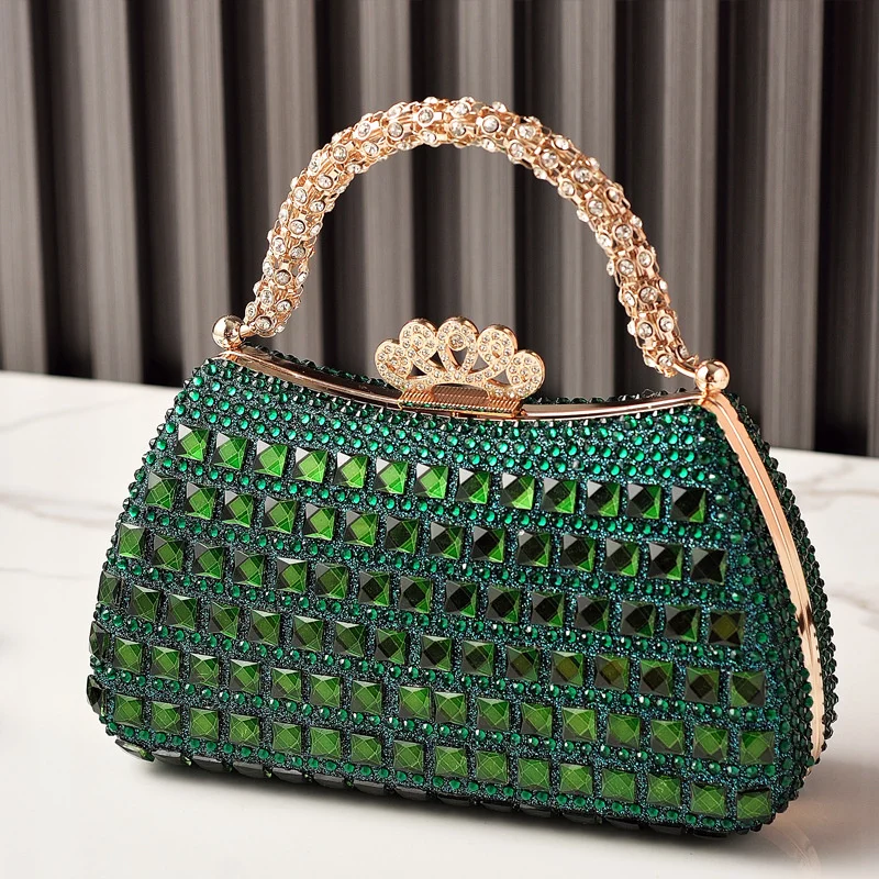 

Emerald Crystal Studded Evening Bags Women's Glamorous Gown Matching Handbag Formal Party Ladies Gala Purse Bolso Fiesta Silver