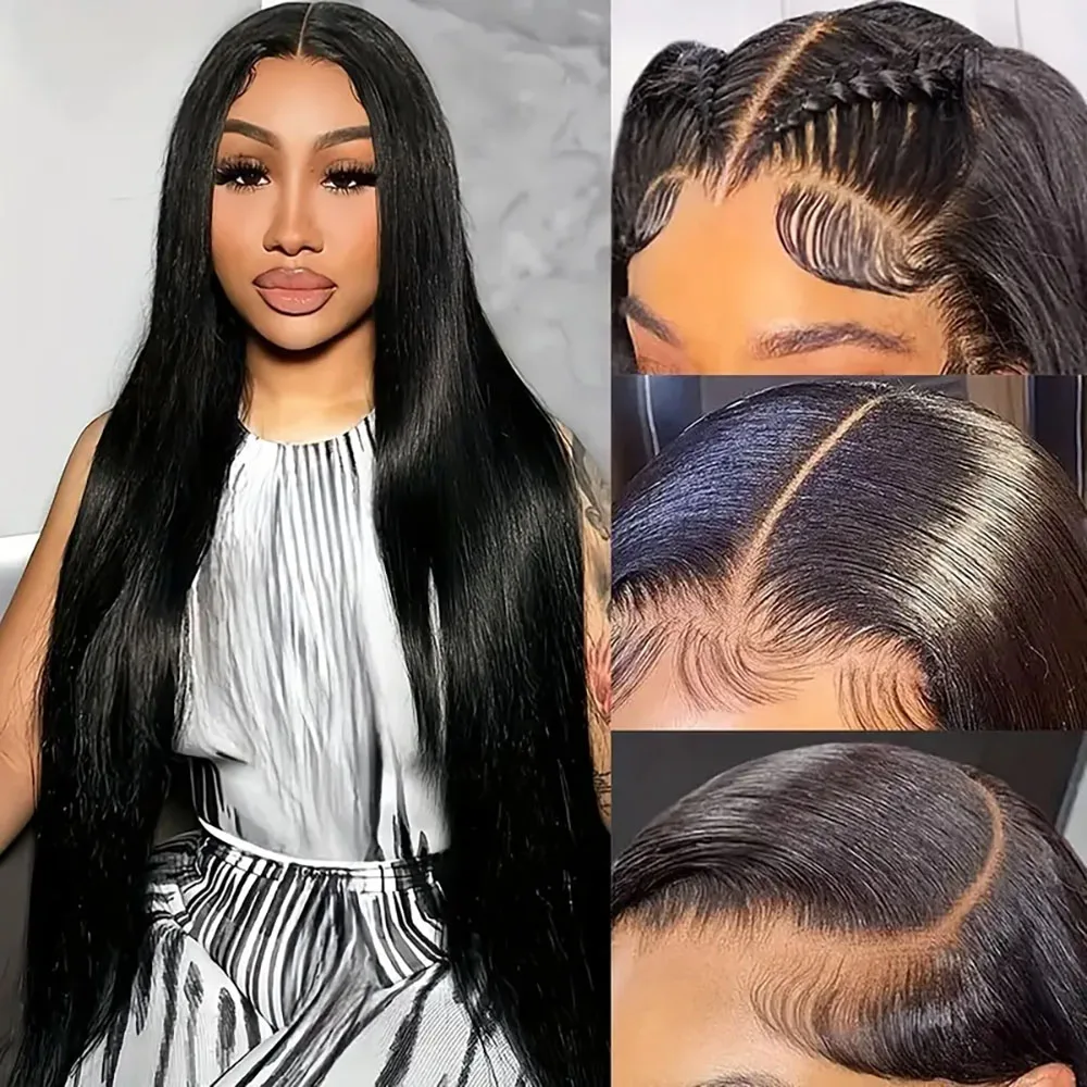 Parrucca in pizzo trasparente 13x4 per capelli umani Parrucche diritte Pre pizzicate Parrucche di colore nero naturale con densità del 200% per le donne
