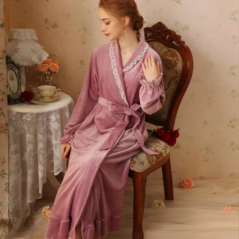 

Fairy Long Sleeve Kimono with Sash Female Sexy V Neck Bride Dressing Gown Casual Comfortable Robe Vintage Velvet Robes for Women