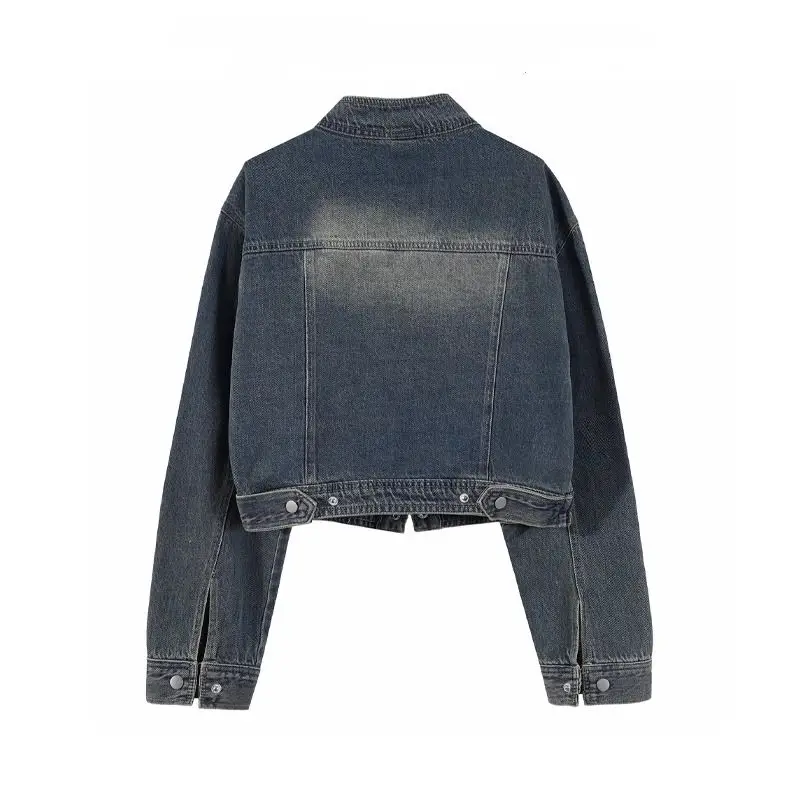 Retro Washed Vintage Denim Jacket For Women In Spring And Autumn, Loose Design, Stand Up Collar Jacket Top