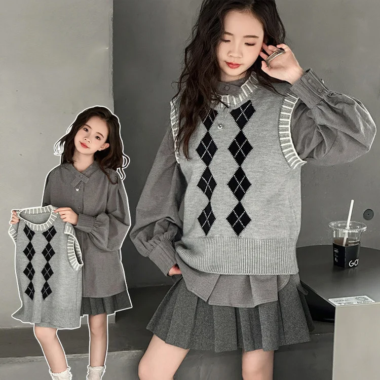

School Girls 3pcs Outfit Autumn Single-breasted Undershirt+Plaid Round Neck Vest+Pleated Skirt Children Girls Set Kid Girl Suit