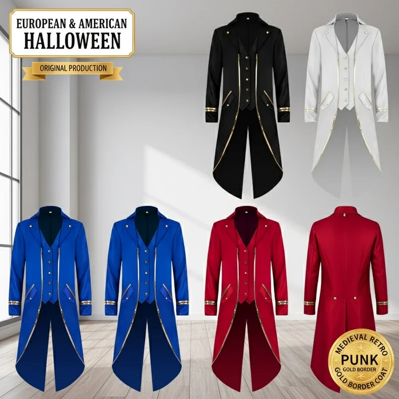 CHIOS New Halloween Medieval Retro Punk Gold Border Tailcoat Costume for MenCHIOS