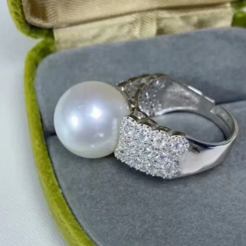 Huge Full Diamond Zircon Surrounding Natural Fresh Water 12-13mm White Pearl Luxury Atmosphere Ring 925 Sterling Silver Jewelry