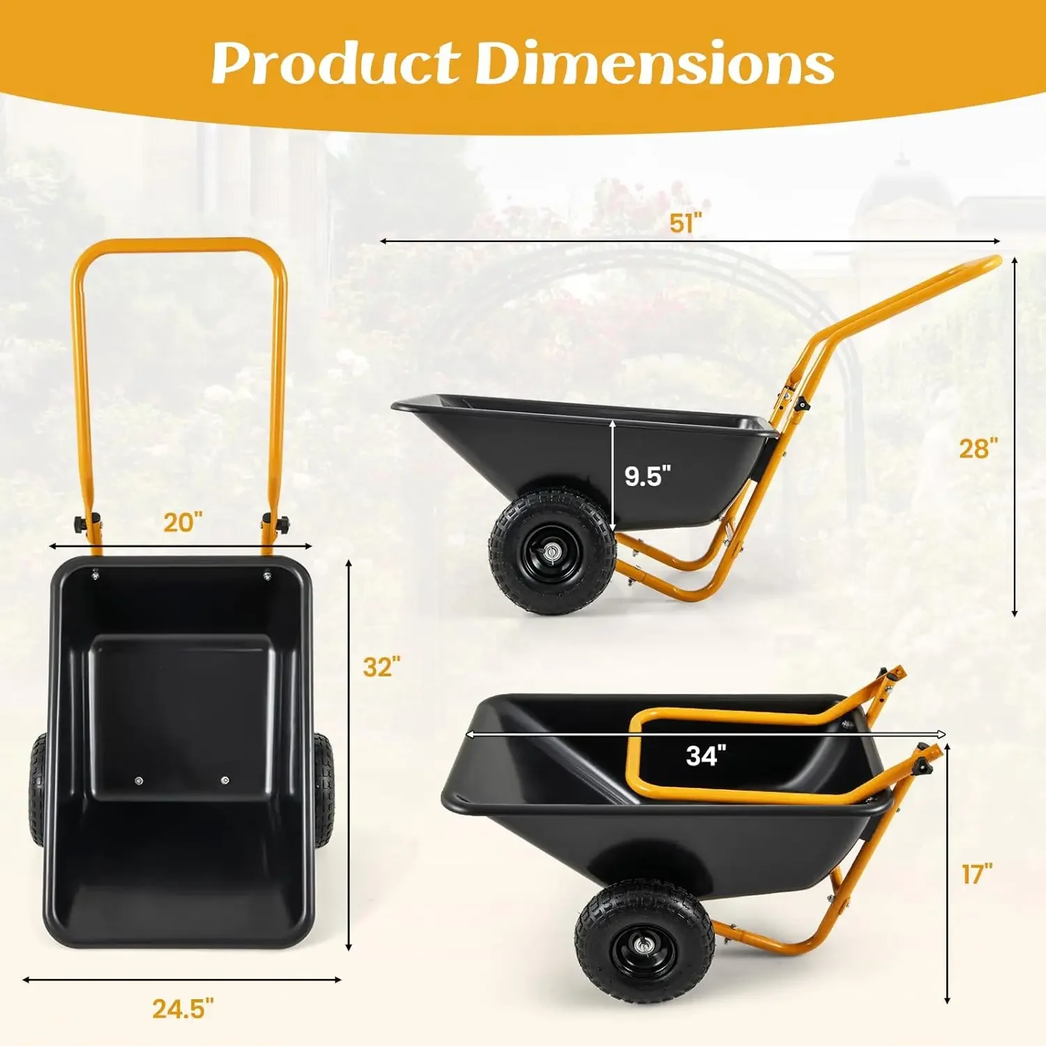 Garden Utility Cart w/Pneumatic Tires, 330LBS Capacity, 21 Gal Volume, Foldable Handle, Yard Lawn Dump Cart for Moving Soil Gard