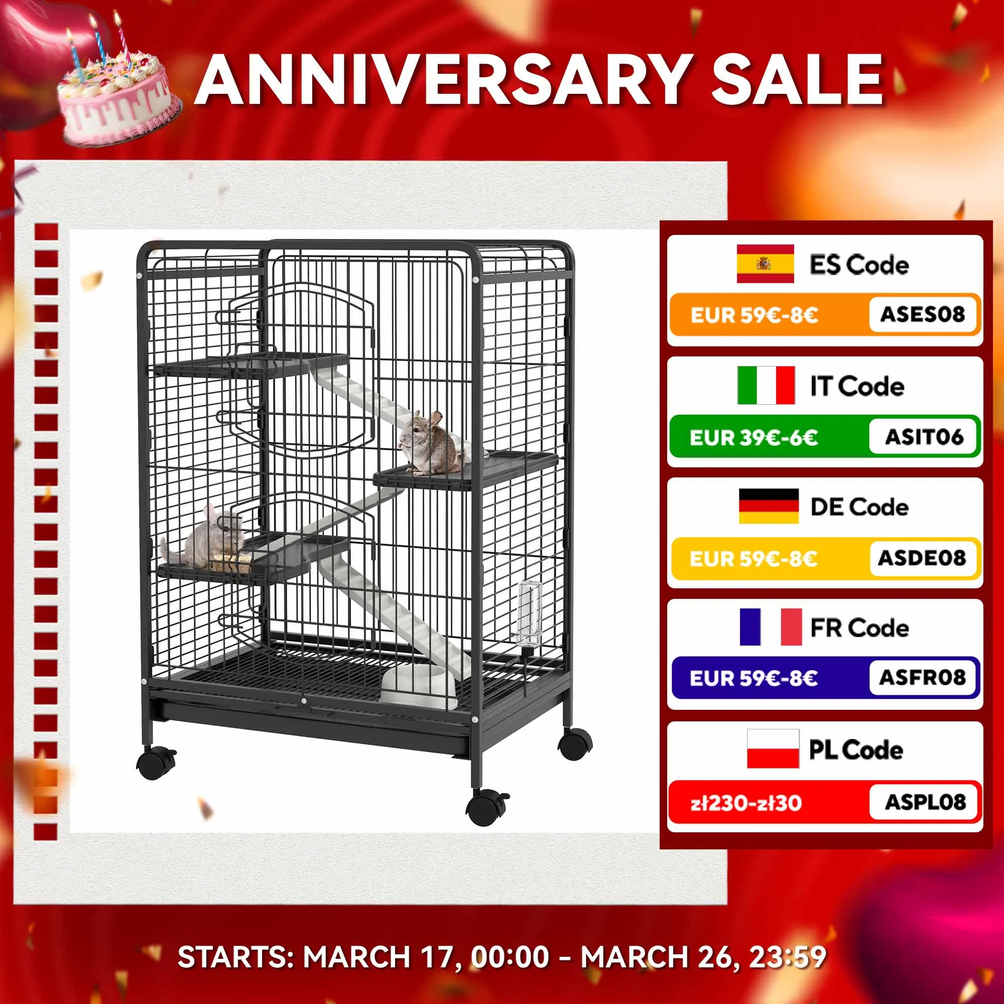 Gabbia per roditori PawHut con ruote vassoio rimovibile per mangiatoia 61,5x44,5x95 cm