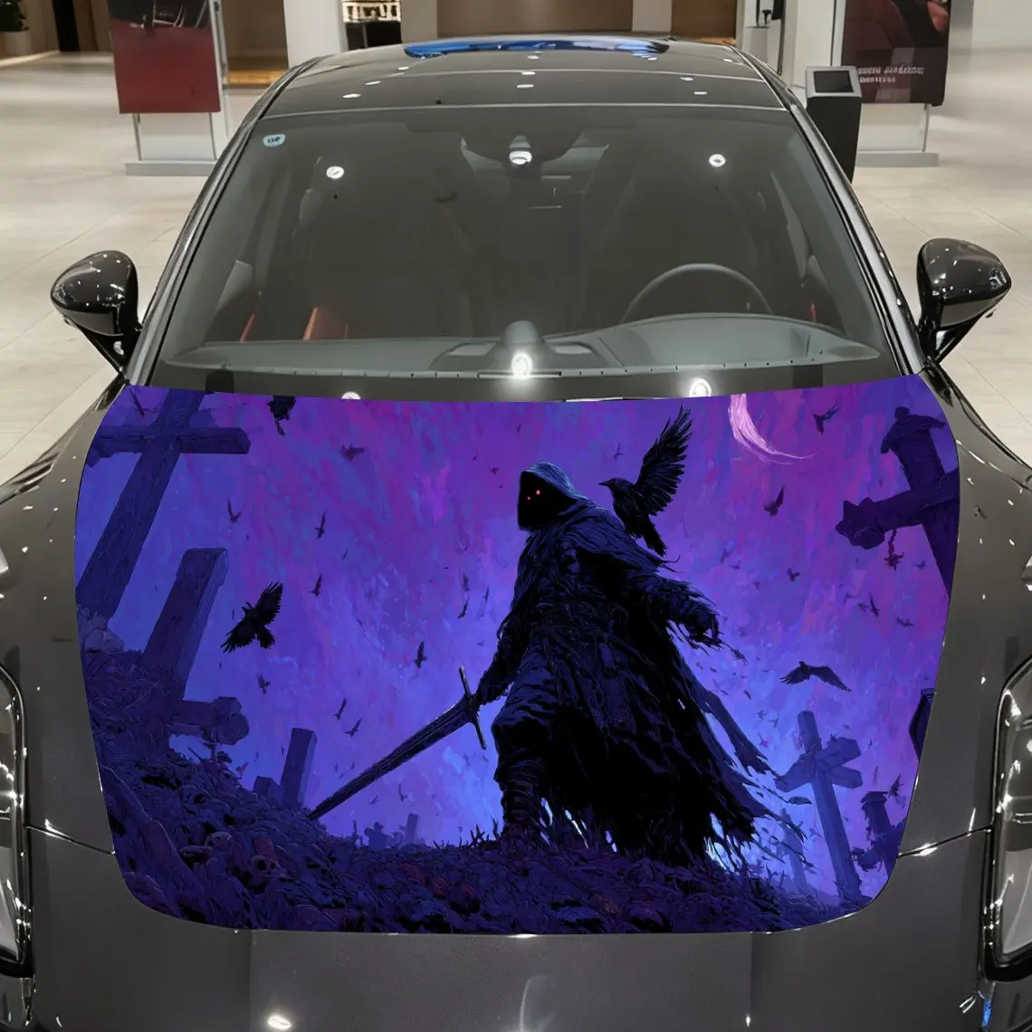 

Dark Cemetery Walker with Sword and Surrounding Crows Car Vinyl Wrap, PVC Material Waterproof Car Hood Sticker, Self-Adhesive Sc
