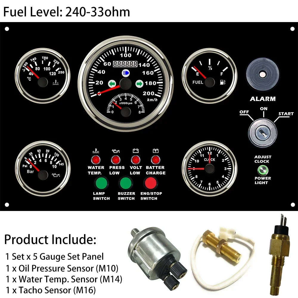 

300*190 mm Waterproof 5 Gauge Panel with 200km/h GPS Speedometer +8KRPM Tachometer Fuel Level Water Temp. Oil Pressure Clock 12V