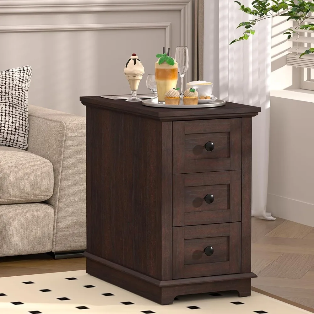 

3 Drawers End Table with Flip Top Charging Station, Narrow Side Table with Power outlets, Wooden Nightstand, End Table