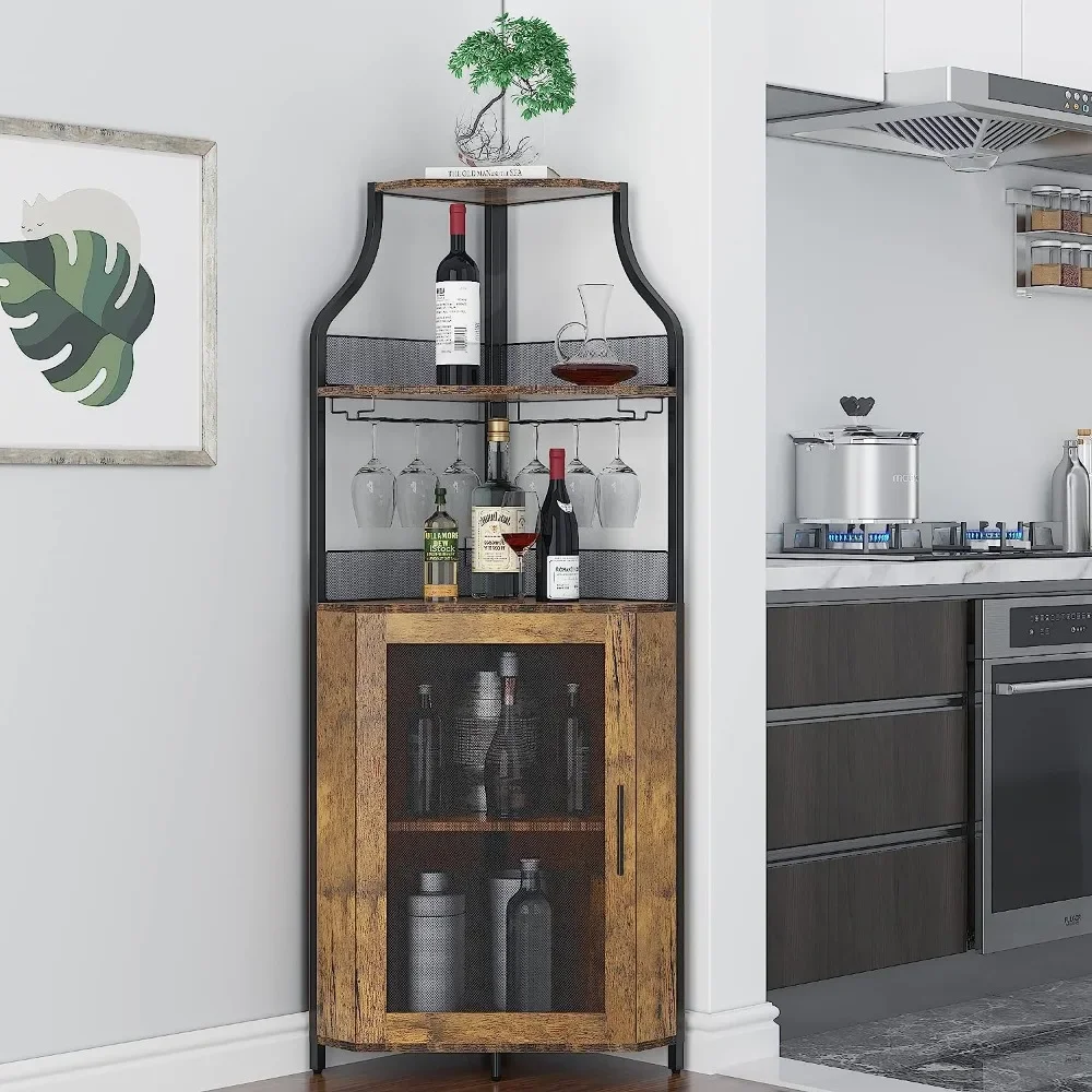 Corner  Cabinet with Removable Wine Rack, Wine Bar  with Barn Door and Adjustable Shelves, Industrial Wine