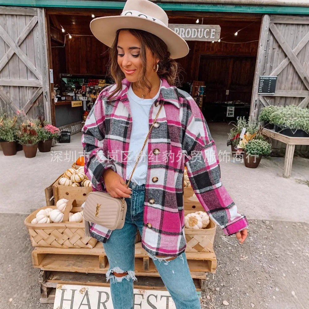 Europe America 2025 Autumn and Winter New Fashion Large Plaid Shirt Women's Woolen Jacket