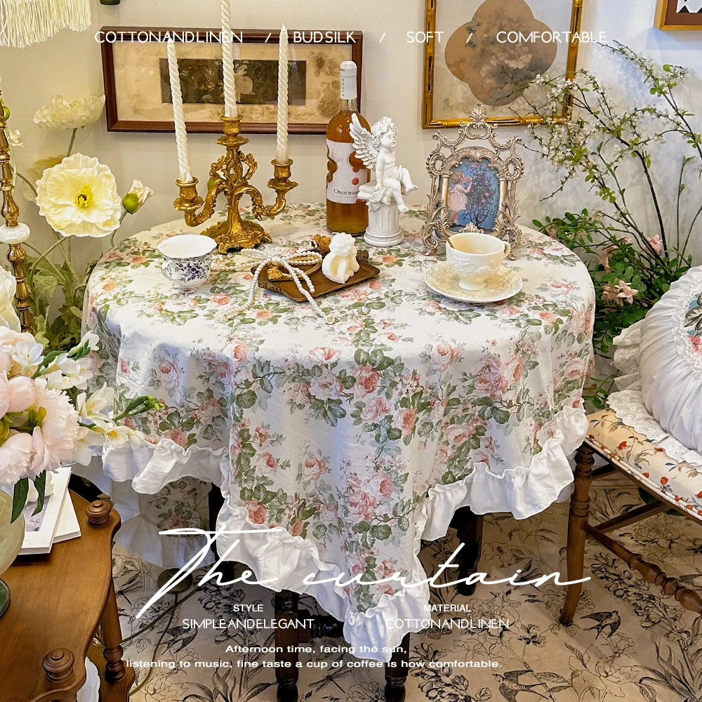 Korean Pastoral Tablecloth Elegant Retro Rose Vine Dustproof Tablecloth Desserttable Cloth Square Cotton Linen Cover Cloth