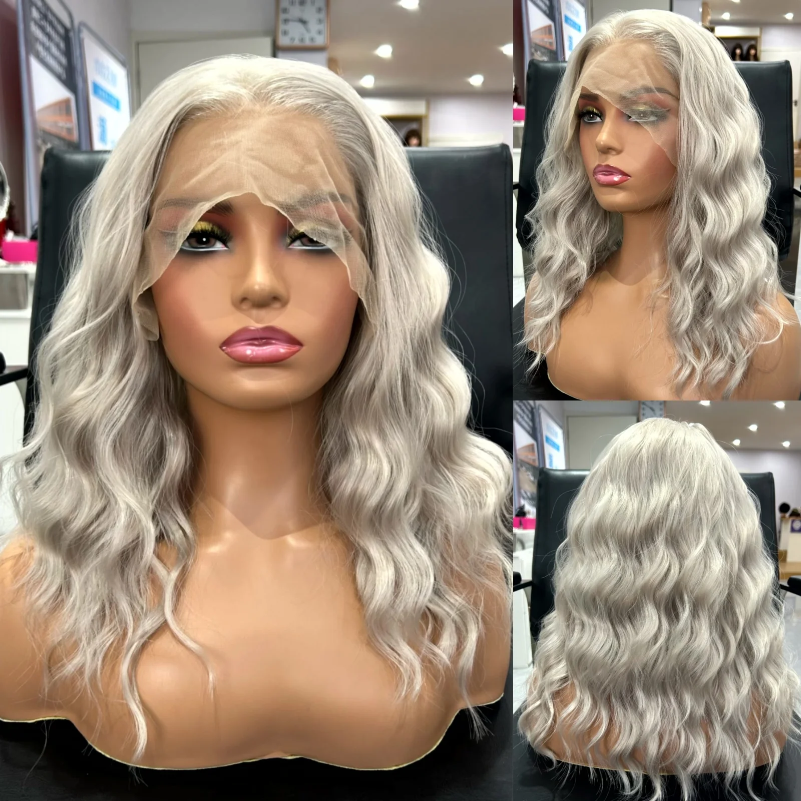 Silver Blonde Wig Short Curly Wavy Bob Grey Wig Synthetic Hair Free Part Loose Curly Light Gray 13X4 Lace Front Wigs for Women