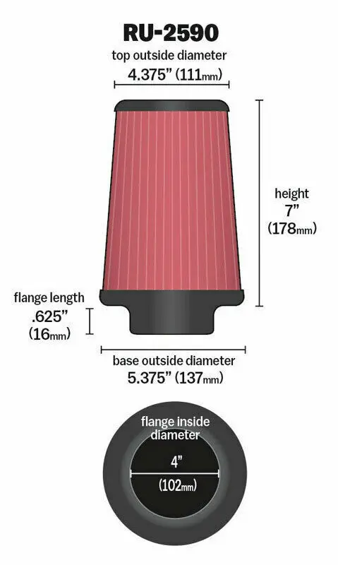 

4" 100mm 102mm Performance Universal Air Filter K And N - RU-2590 K&N 95mm-102mm