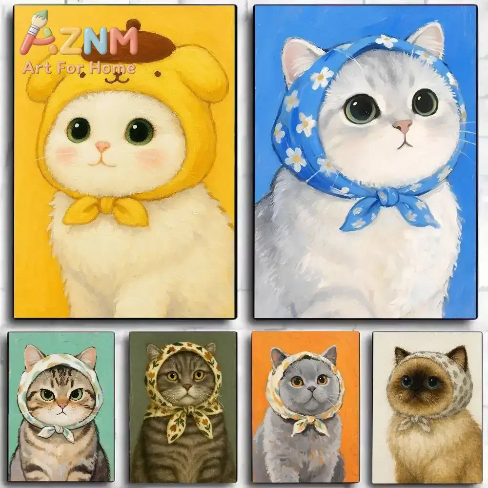 AZNM Cute Cat Wearing Floral Headscarf Canvas Wall Art, Colorful Oil Painting Style Kitten Print, Frameless Canvas Painting for