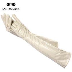 Guantes largos de cuero beige a la moda, guantes largos de cuero de alta calidad para mujer, guantes largos de invierno de piel de oveja genuina para mujer - CSD2-50CM