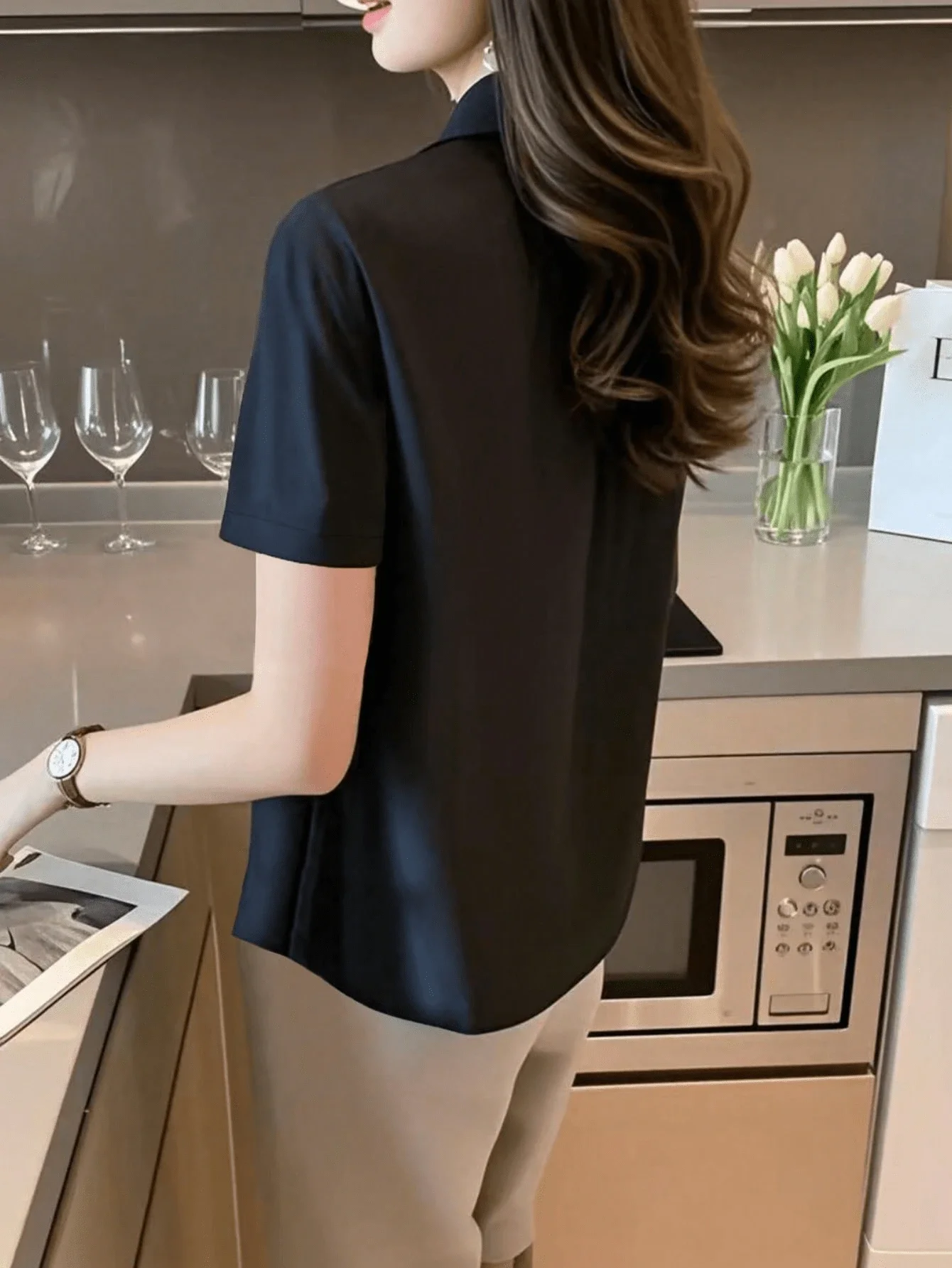 

Elegant Solid Color Short Sleeve Blouse For Women Black Summer Office Casual