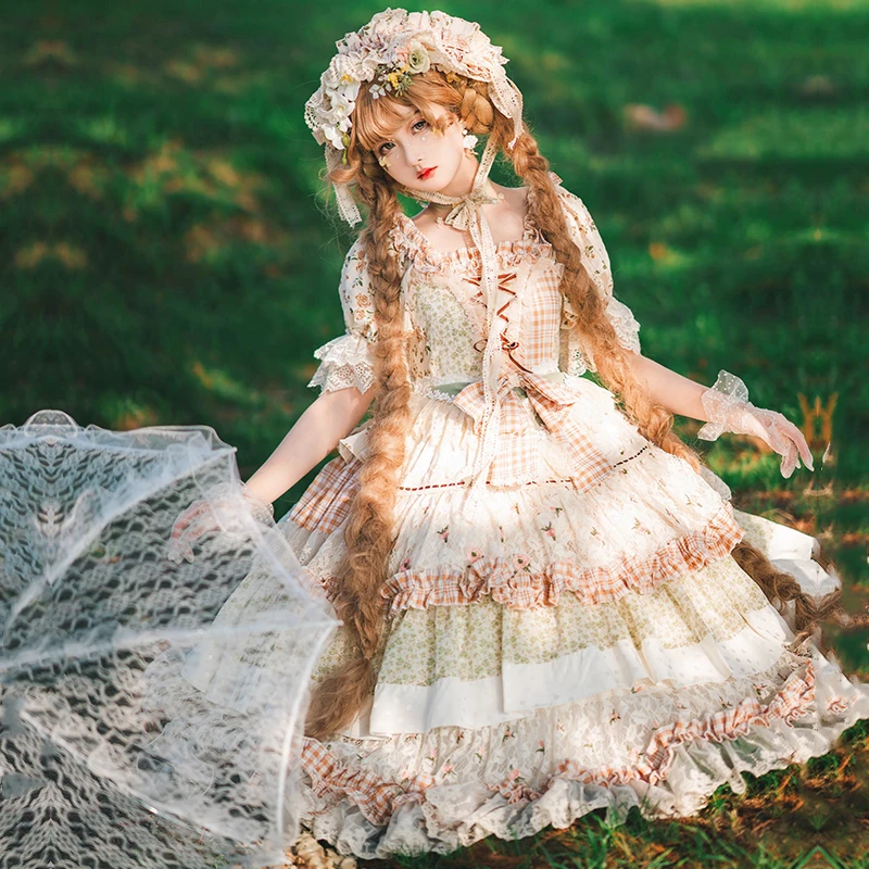 Sweet Lolita Tea Dress Victoria Vintage Lovely Cotton Pastoral Princess Dress Girl Chic lace ruffled fairy dress