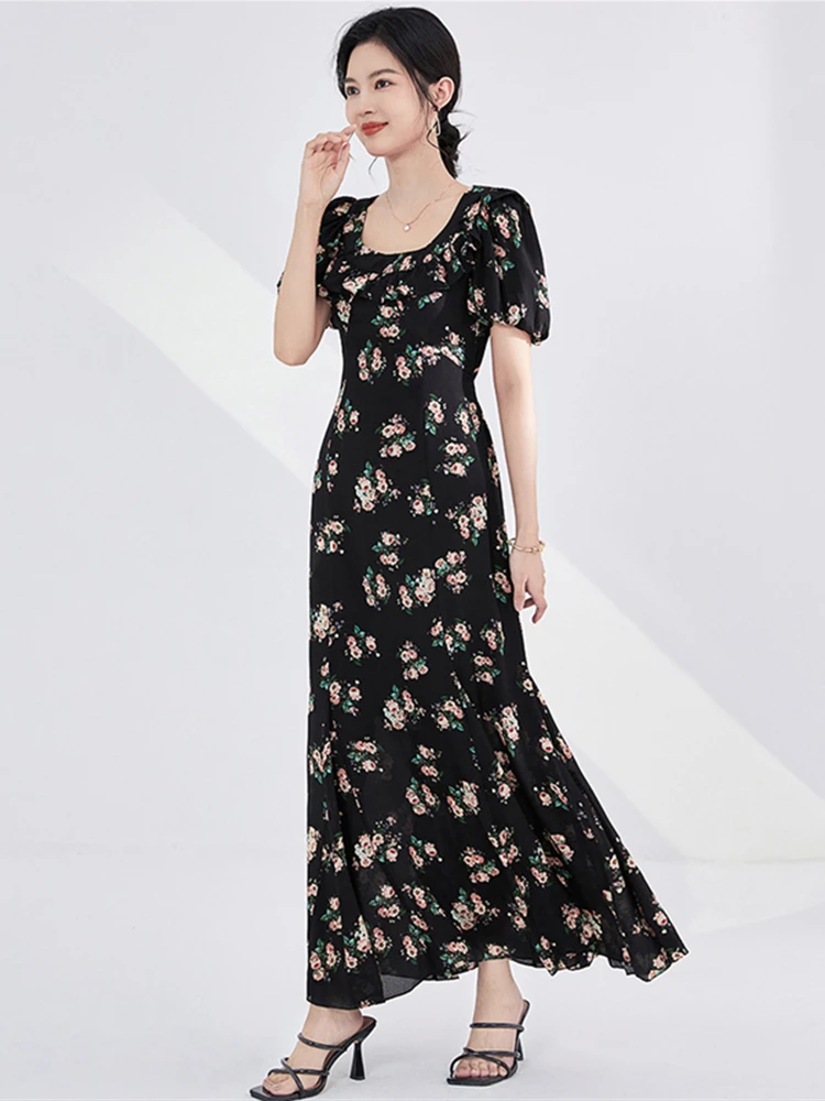 กระโปรงยาวทรงเอ ผ้าไหมพิมพ์ลายดอกไม้ สำหรับผู้หญิง คอลเลคชั่นฤดูร้อน 2025 รุ่นใหม่ เอวสูง ทรงยู