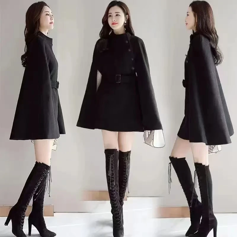 Autumn High Quality Woolen Cloth Shawl Cape Poncho With Belt Women Mid-length Korean Sleeveless Casual Ladies Cape Coats