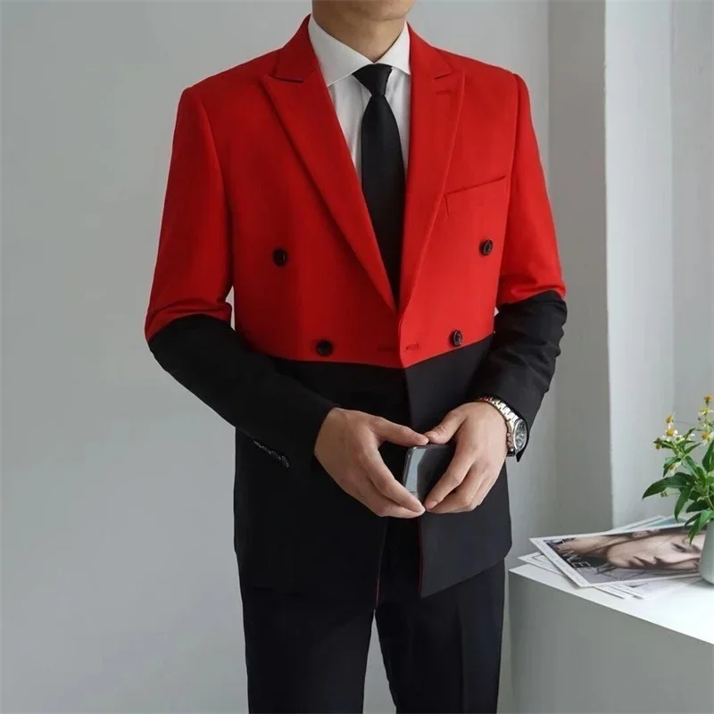 Men\'s Blazer Hombre Semi-Black Red White Double-Breasted Blazer Masculino Slim Wedding Prom Fashion Stitching Men\'s Blazer Men