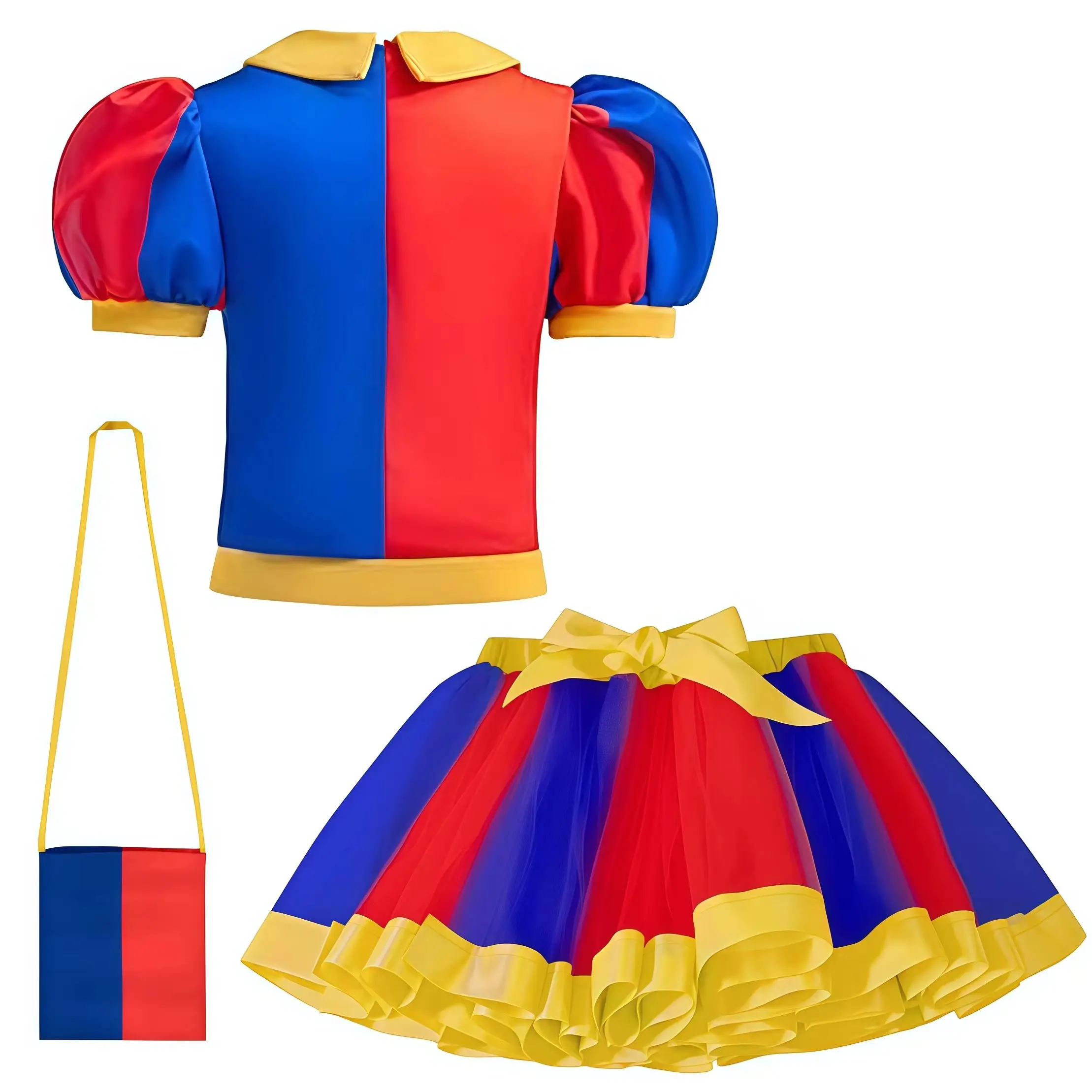 Circus Clown Kids Cosplay Costume Girls Puff Sleeve Top With Tutu Skirt Bag For Children Halloween Carnival Joker Fancy Dress Up