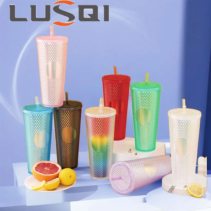 LUSQI 710ml Studded Texture Plastic Water Cup Portable Leakproof Tumbler With Lid Straw For Outdoor Travel Large Capacity