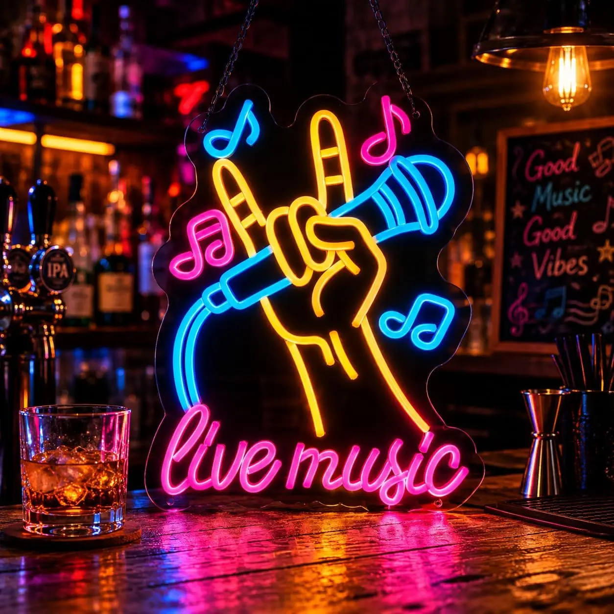 Live Music Neon Sign, Rock Hand Microphone LED Wall Decor - Dimmable Music Light for Bar, Pub, Karaoke Lounge, Man Cave, Home Th