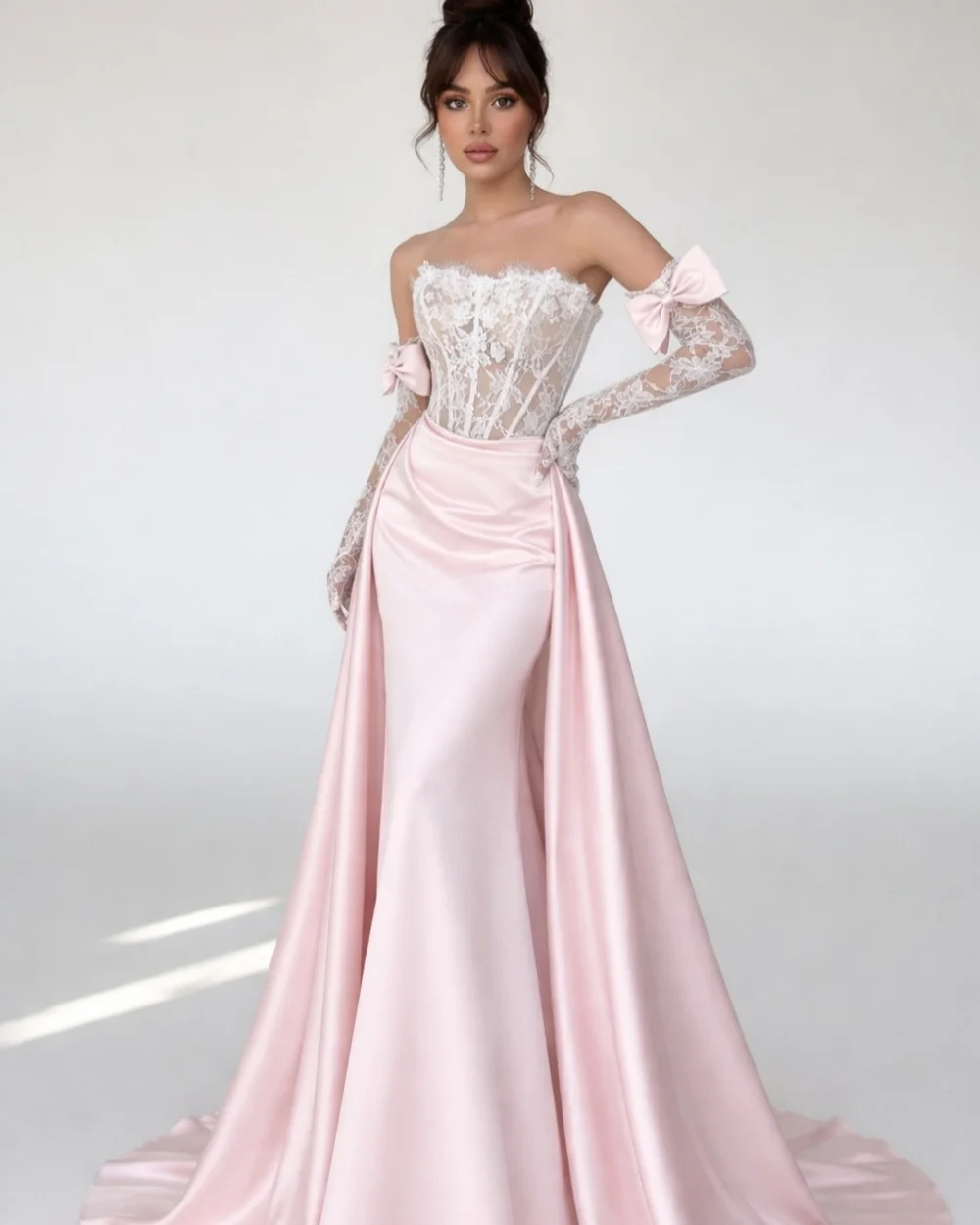 

Customized High Quality Women Charmeuse Lace Bow Mermaid Evening Dresses Elegant Strapless Sleeveless Floor Lenght Prom Dresses