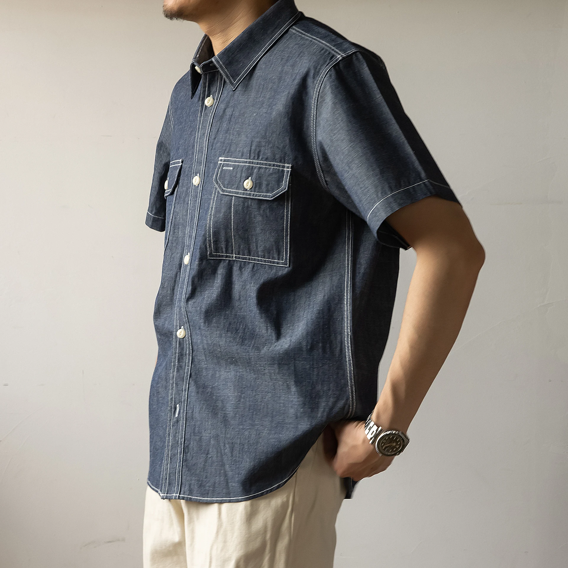 ST-0049 Big US Size Genuine Super Quality Vintage Stylish Durable Loose Fitting Mans Cotton 8oz Denim Shirt