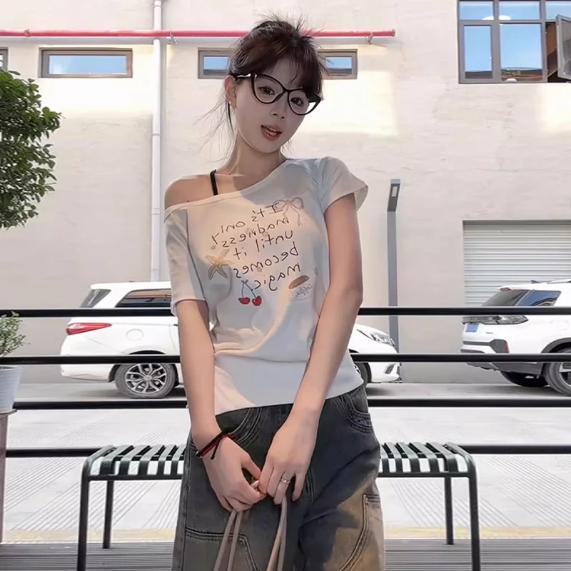 

Korean Off-shoulder Printed Short Sleeve Casual T-shirt Summer Women's Chic Top