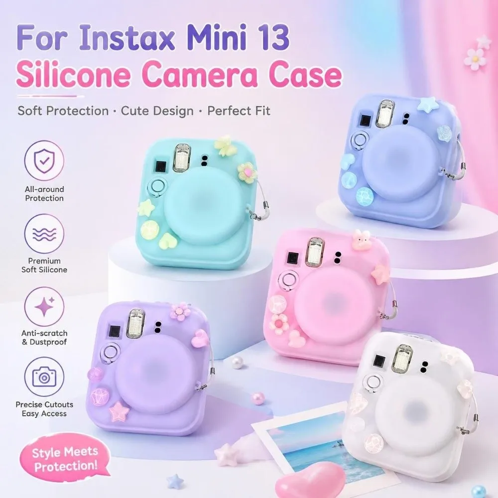 Soft Silicone Camera Case with Lens Cap DIY Charm Holes Protective Shell Shock Absorbing for Fujifilm Instax Mini 13