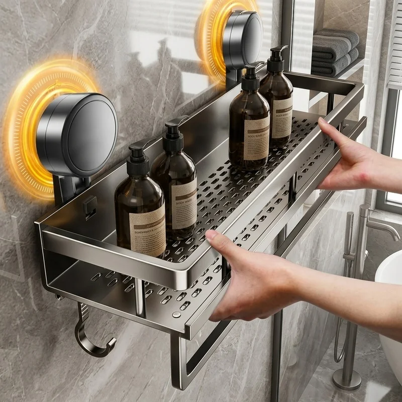 No Drill Suction Cup Bathroom Shelf, Space Aluminum Wall Mounted Shower Rack Toilet Storage Organizer for Shampoo and Toiletries