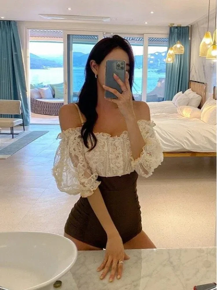 2026 Women's Lace Off Shoulder One Piece Swimsuit Tummy Control Modest Ruched Swimwear Beach Vacation Sling Bodysuit Outfits New