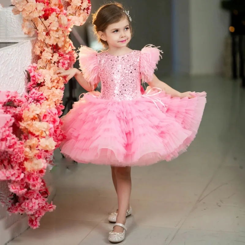 Vestidos de niña de flores de tul rosa con lentejuelas escalonadas y lazo de manga corta para boda, fiesta de cumpleaños, banquete, vestidos de comunión